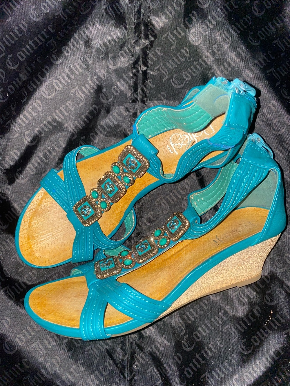 Refresh Teal Wedge Sandals with Decorative Jewel Accents